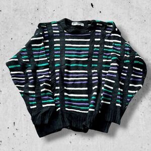 Vintage Colorful Black Geometric Stripe Knit Sweater Men's S Cozy Retro Sweater